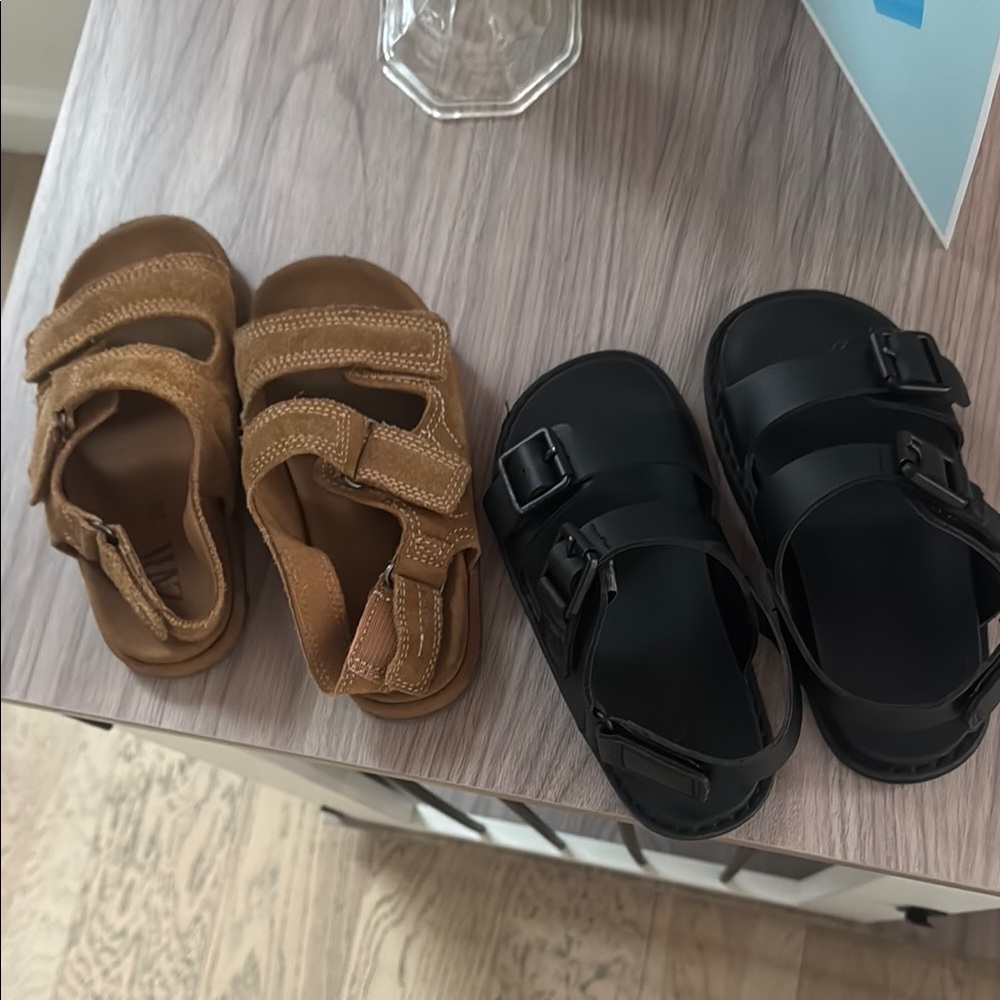 Zara Black and Tan Leather Sandals with Adjustable Straps